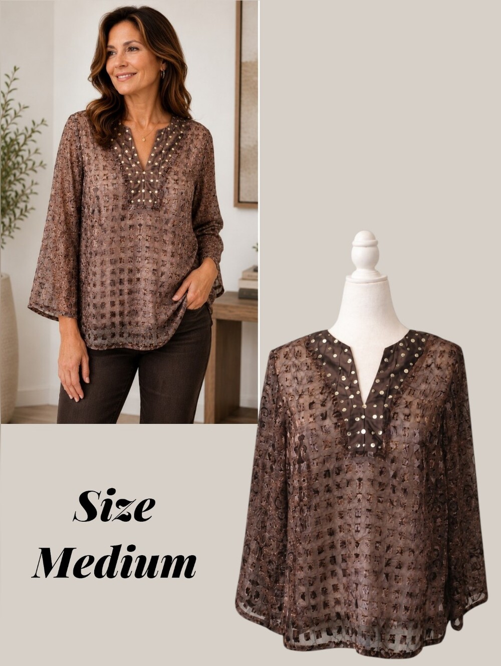 Covington Women's Brown Sheer Tunic Blouse – Women’s Medium